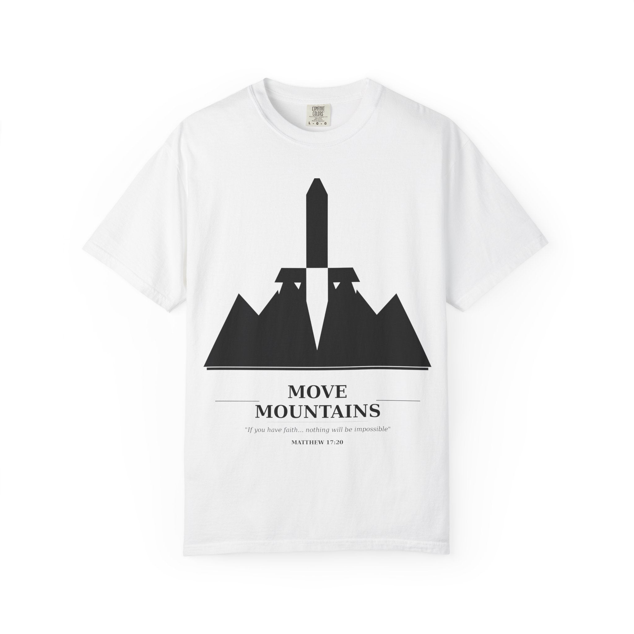 Move Mountains T‑Shirt — Minimal Sword & Mountain Graphic Inspirational Tee