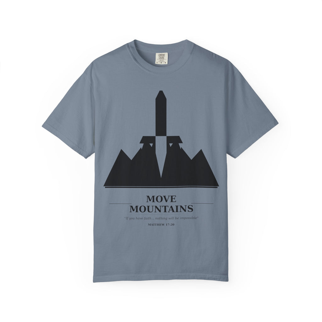 Move Mountains T‑Shirt — Minimal Sword & Mountain Graphic Inspirational Tee