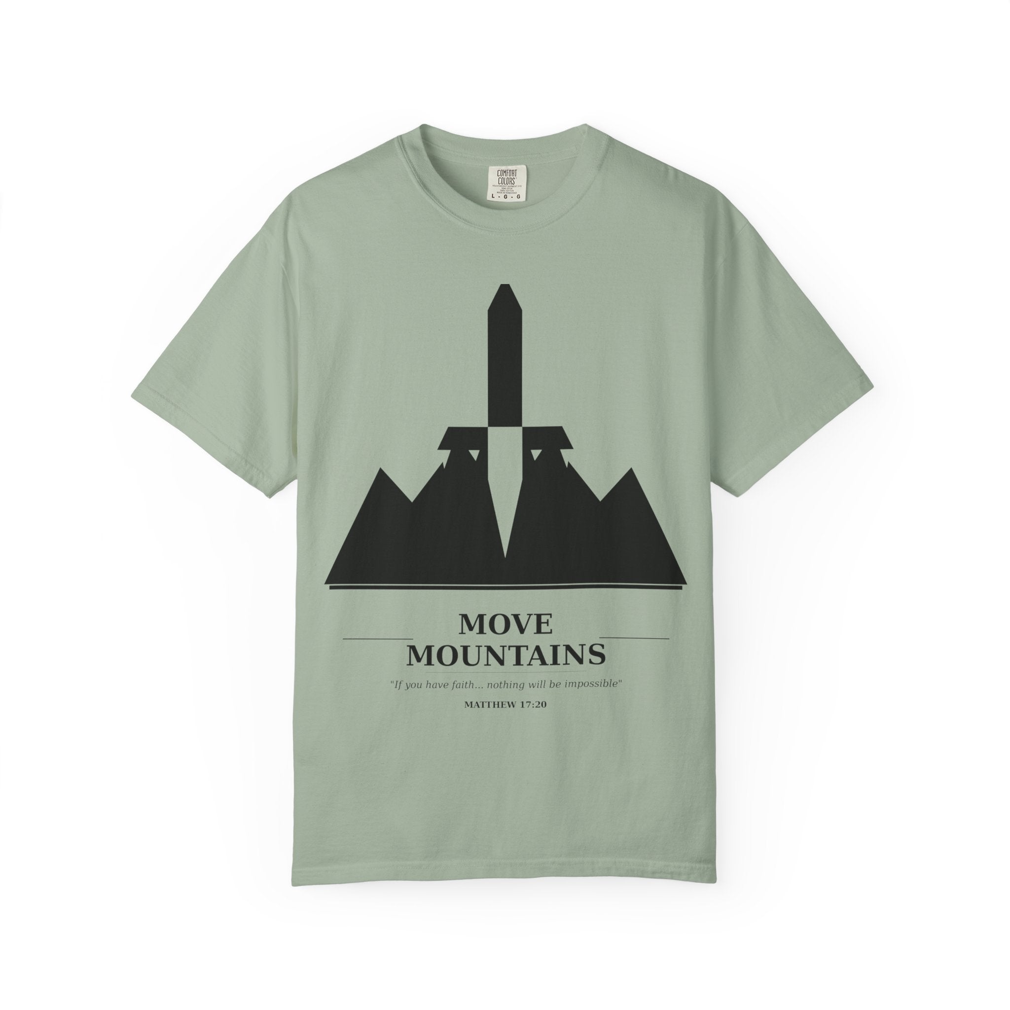 Move Mountains T‑Shirt — Minimal Sword & Mountain Graphic Inspirational Tee